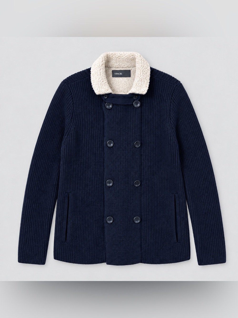 Vince Mens Wool Navy Blue Shearling Lined Cardigan Sweater Jacket Large Preppy
